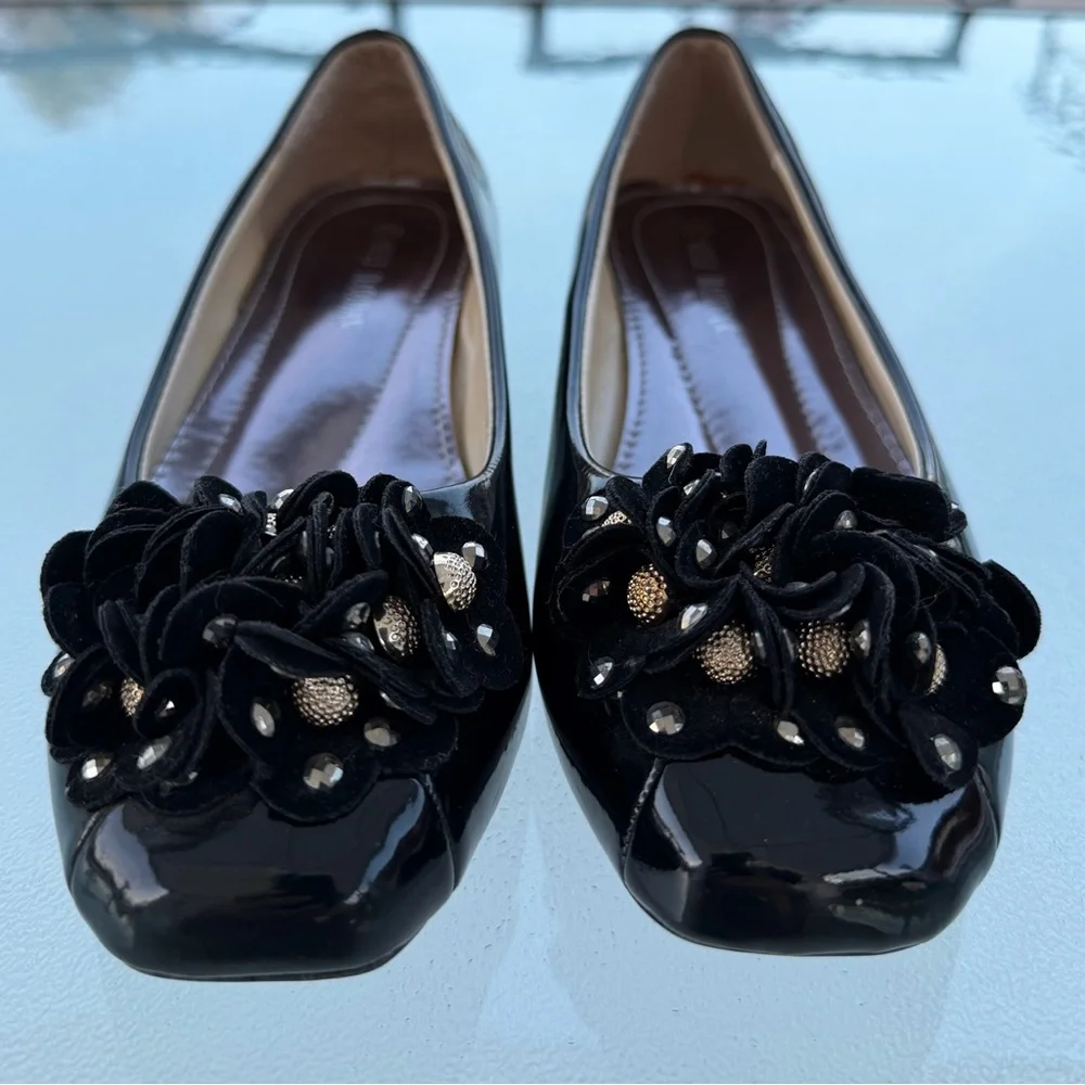 Meili Jiaodian Black Patent Ballet Flats with Bling Flower Embellishment 7.5/38
